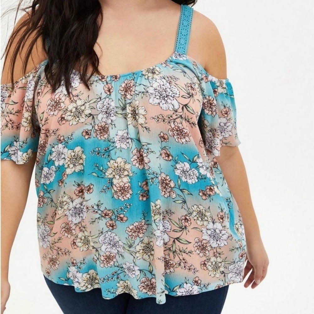 Torrid Cold Shoulder floral adjustable strap lace trim blue peach blouse 1 (1X)